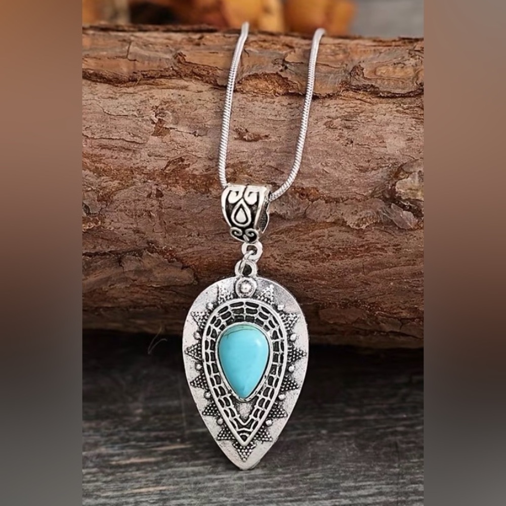 Turquoise Teardrop Pendant Necklace - Silver Tone